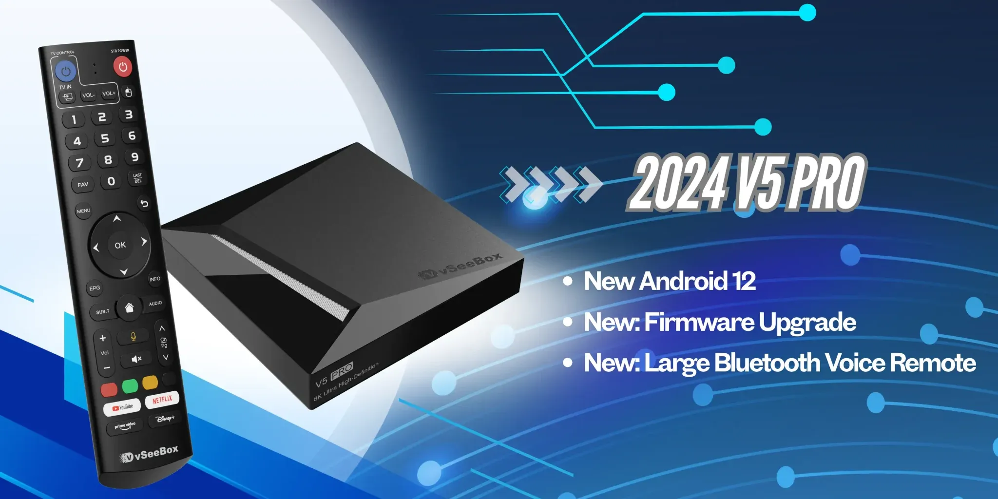 vSeeBox 2024 V5 Pro with Android 12, firmware upgrade, and Bluetooth voice remote