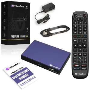 vSeeBox V6 Plus streaming device kit with box, remote, power adapter, HDMI cable, and instruction manual