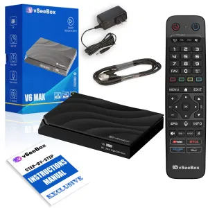 vSeeBox V6 Max package contents including device, remote, power adapter, HDMI cable, and manual