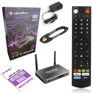 vSeeBox Elite Ultra package contents including media box, remote, power adapter, HDMI cable, and user manual