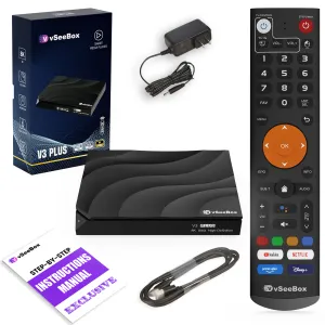 vSeeBox V3 Plus package contents including device, remote, power adapter, cable, and manual