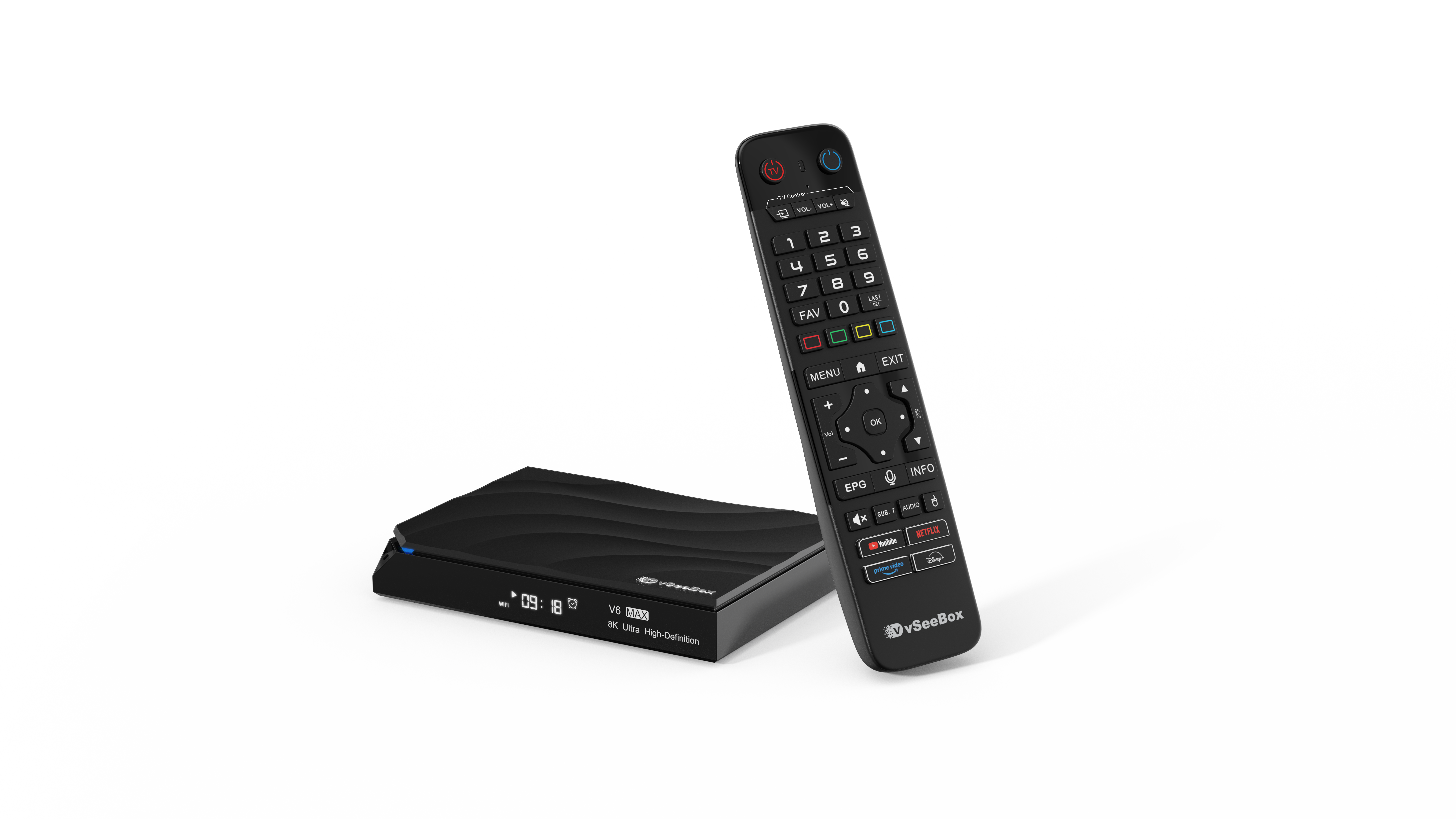 vSeeBox V6 Max streaming device with remote control on display