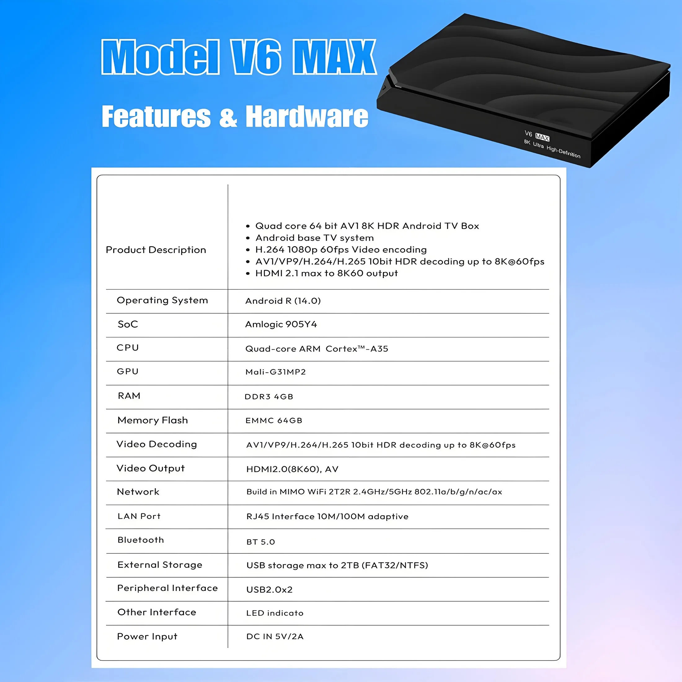 vSeeBox V6 Max specifications including Android 14, Amlogic S905Y4, 4GB RAM, 64GB storage, and 8K HDR support