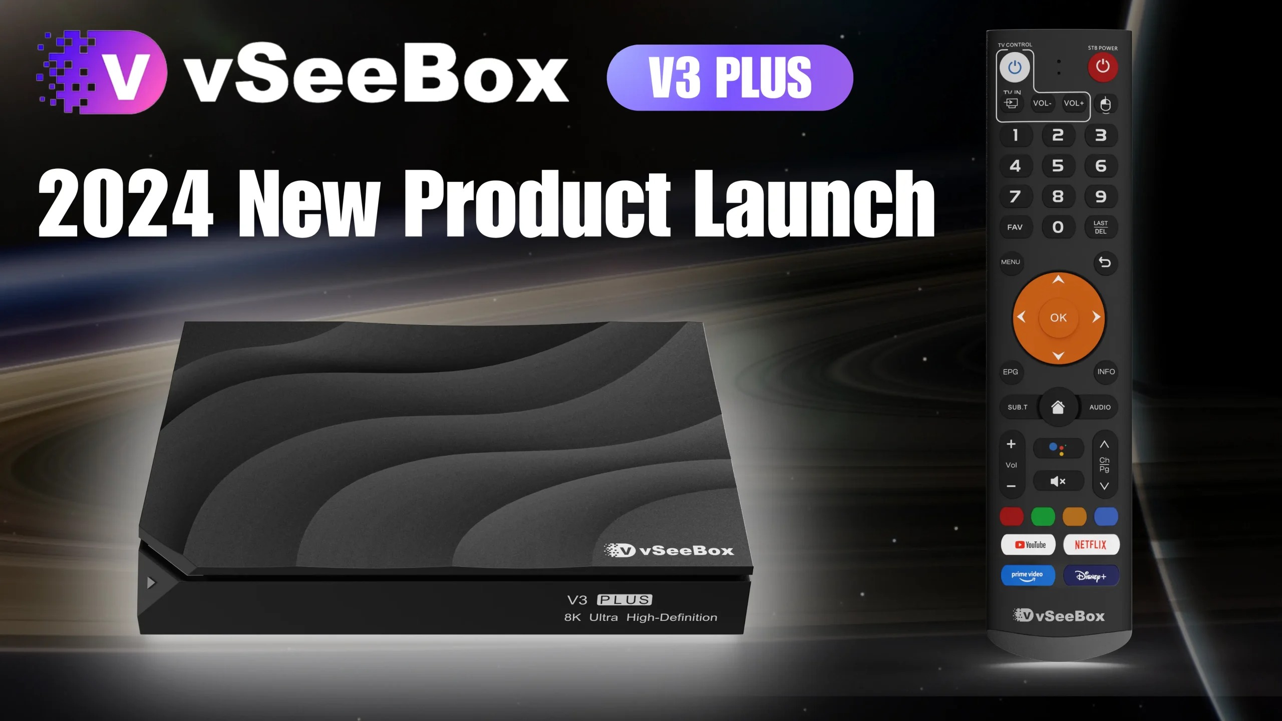 vSeeBox V3 Plus 2024 product launch featuring streaming box and remote