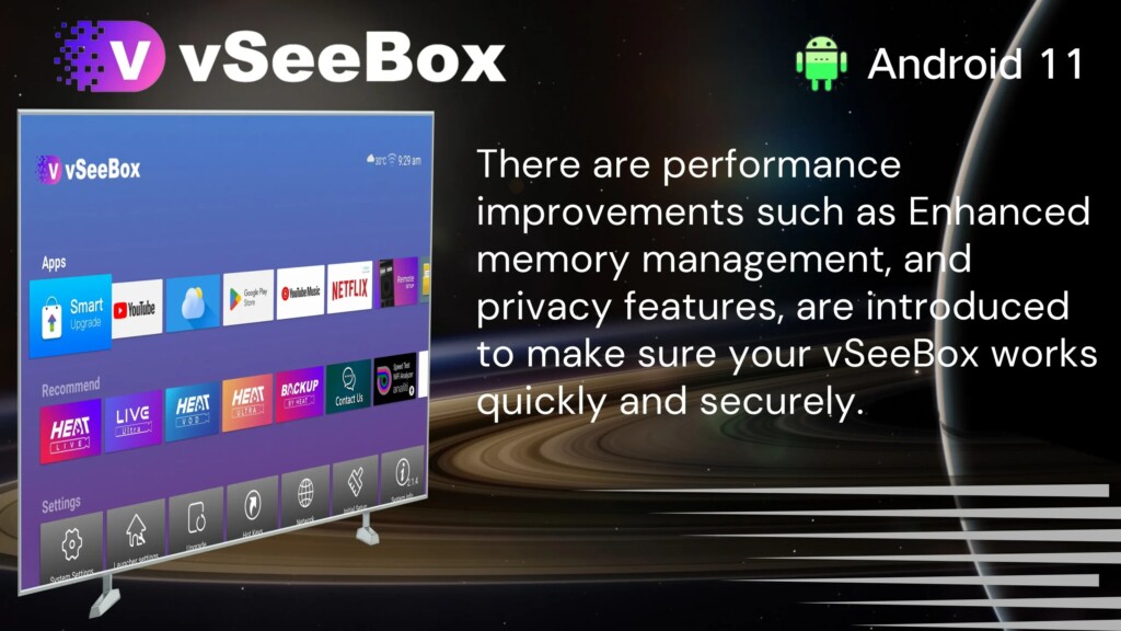 vSeeBox interface with Android 11 system highlighting performance and security improvements