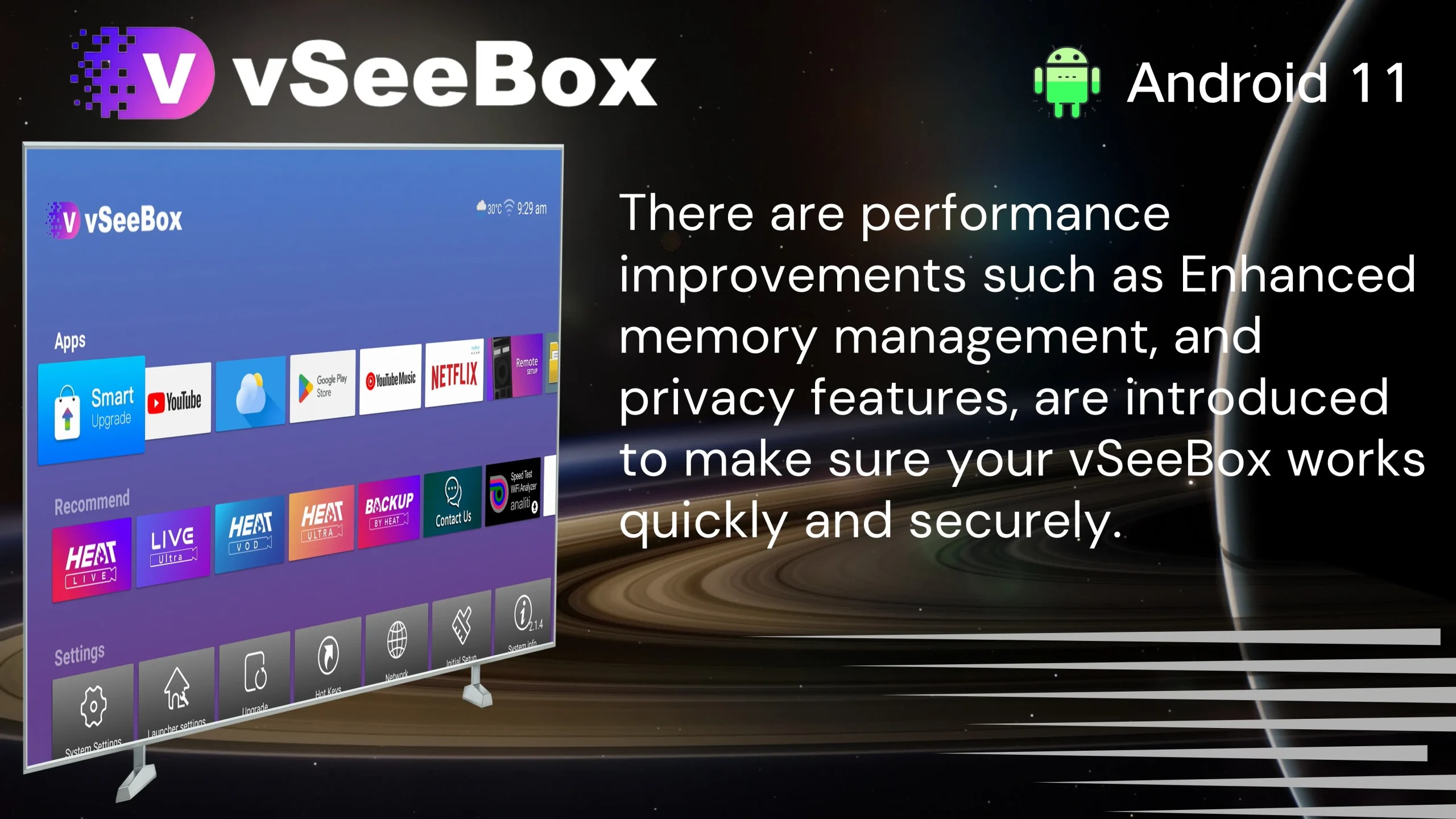 vSeeBox interface with Android 11 system highlighting performance and security improvements