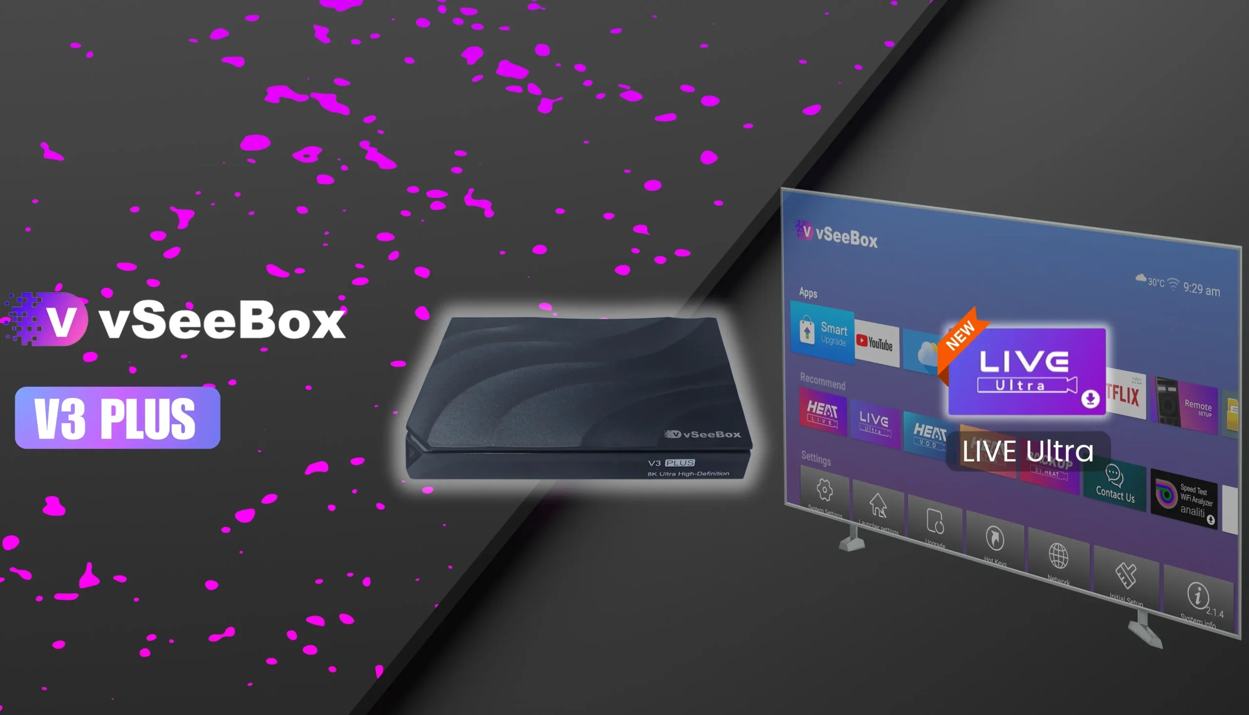 vSeeBox V3 Plus with LIVE Ultra streaming feature displayed on TV
