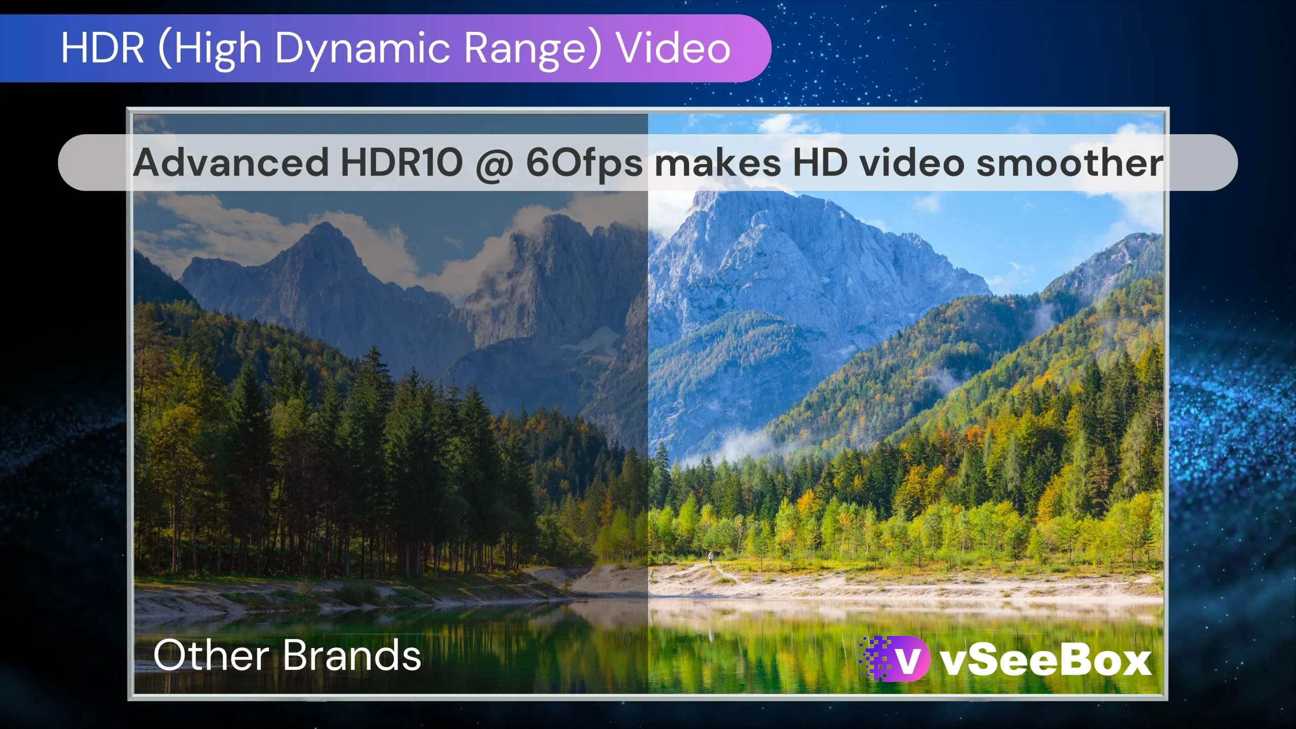 vSeeBox HDR10 video comparison showing brighter and more vivid colors vs other brands