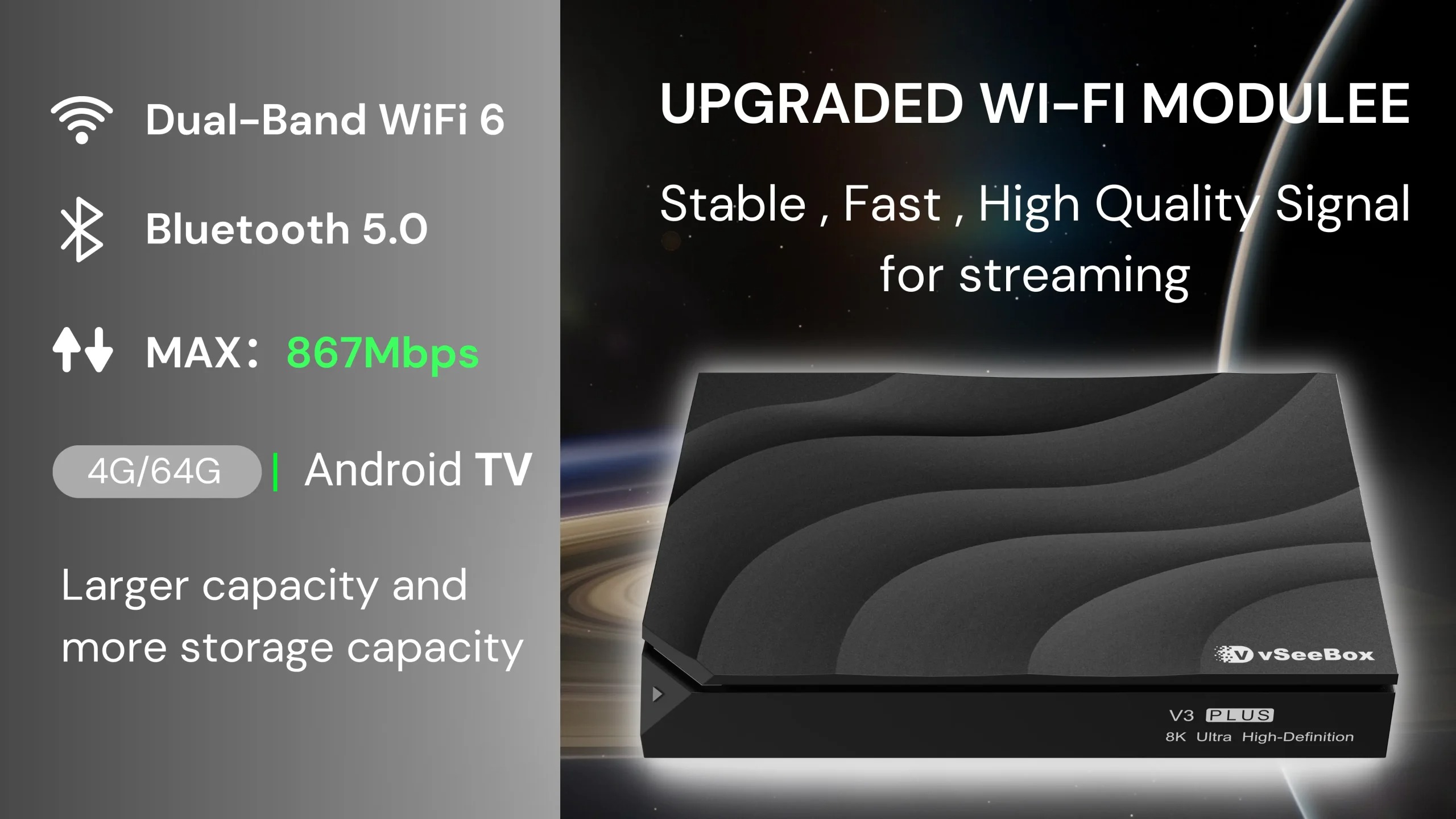 vSeeBox V3 Plus with upgraded WiFi 6, Bluetooth 5.0, and high-speed streaming