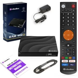 vSeeBox V3 Plus package contents including device, remote, power adapter, cable, and manual