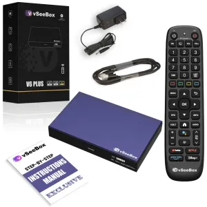 vSeeBox V6 Plus streaming device kit with box, remote, power adapter, HDMI cable, and instruction manual