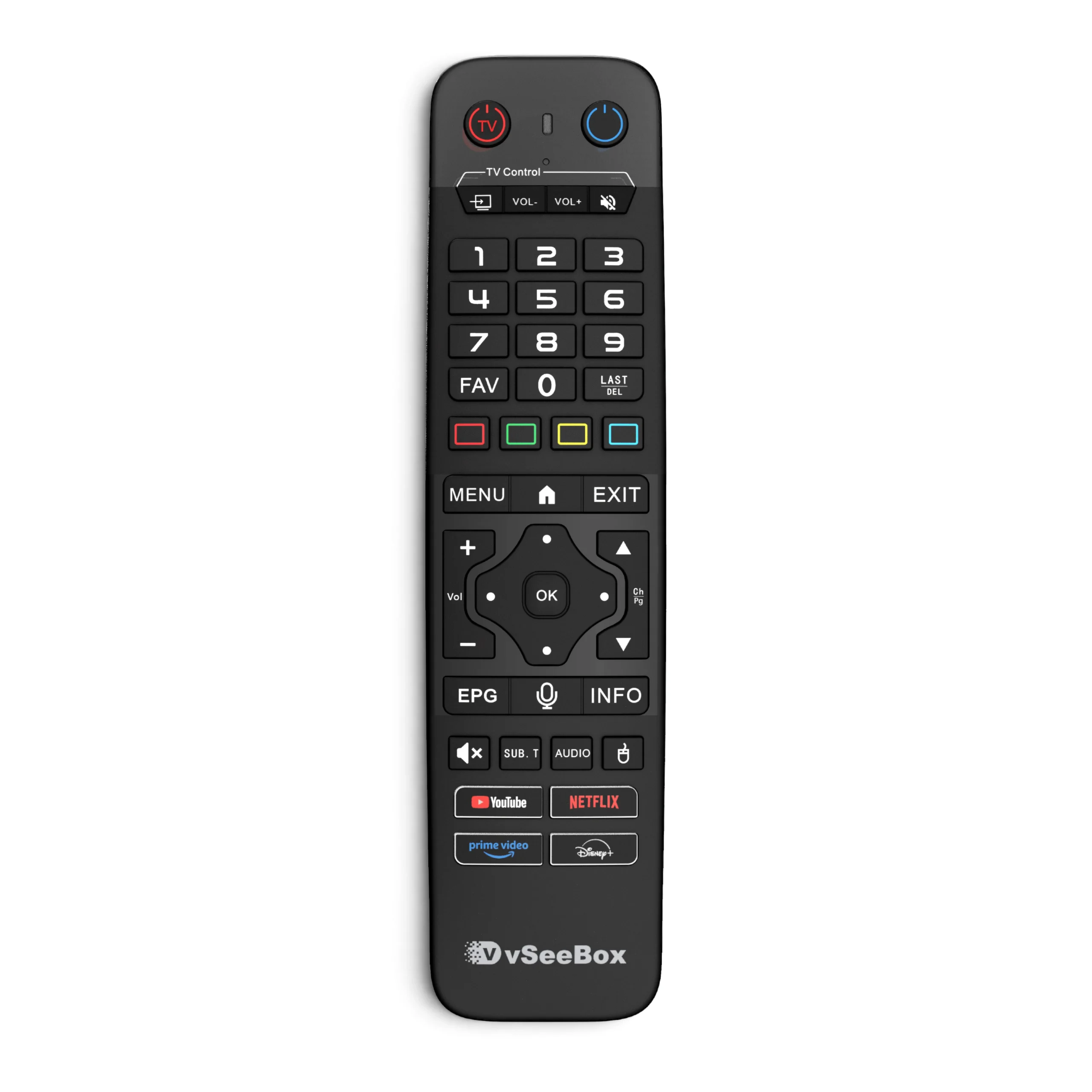 vSeeBox V6 Max remote control with voice command and shortcut buttons