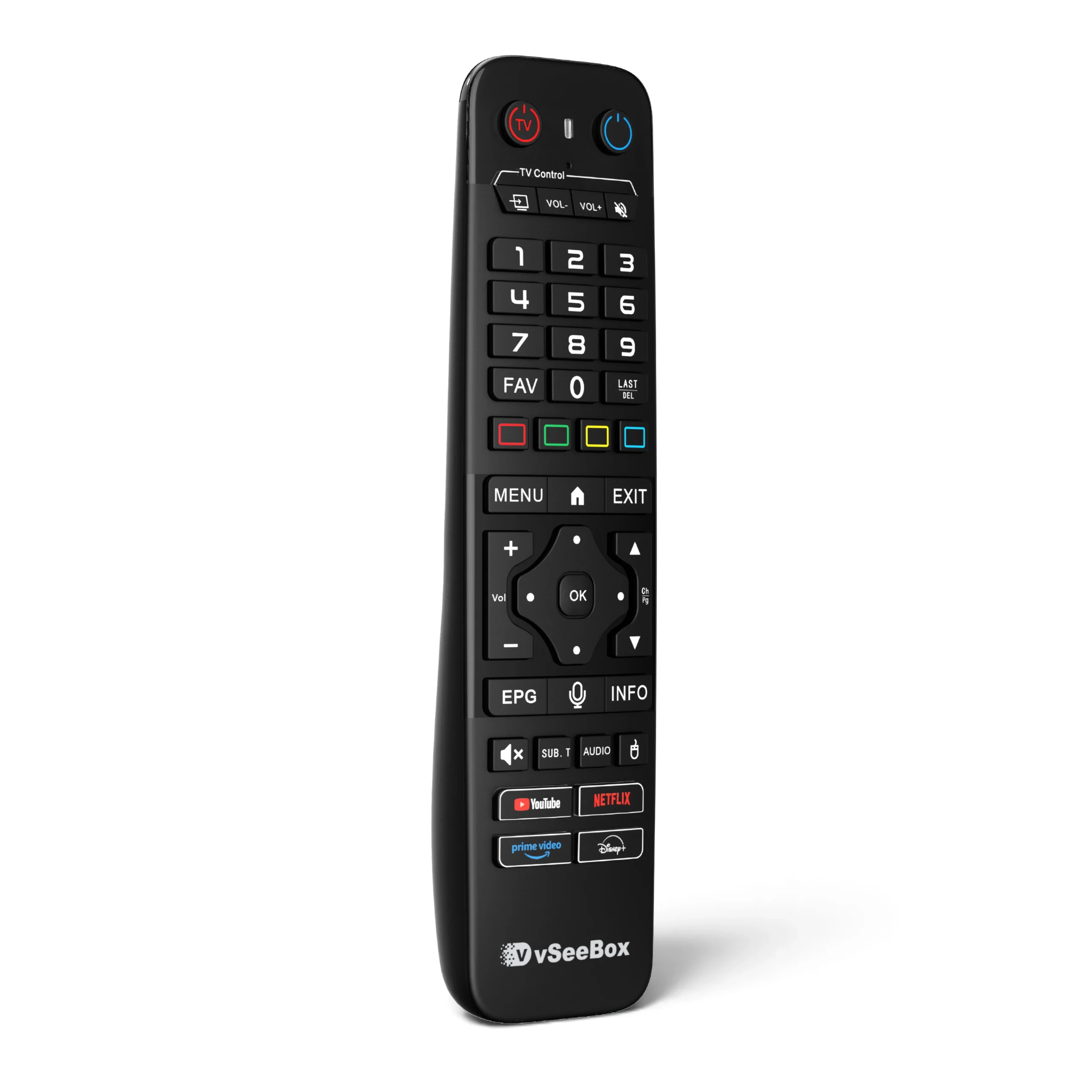 vSeeBox V6 Max voice remote control with shortcut buttons and navigation keys