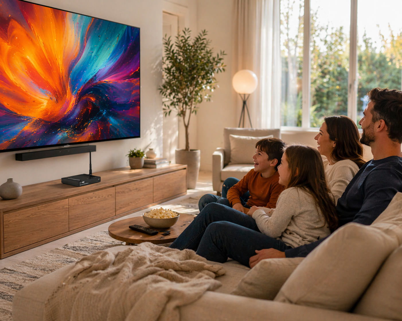 vSeeBox Elite Mini streaming device in a bright living room with a family watching TV