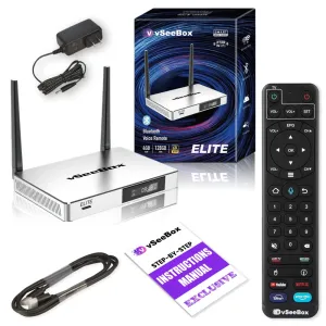vSeeBox Elite package contents including streaming box, remote control, power adapter, HDMI cable, and instruction manual