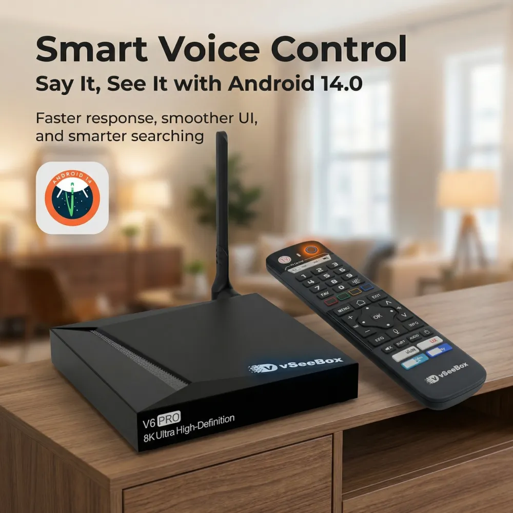 vSeeBox V6 Pro smart voice control remote with Android 14 streaming box