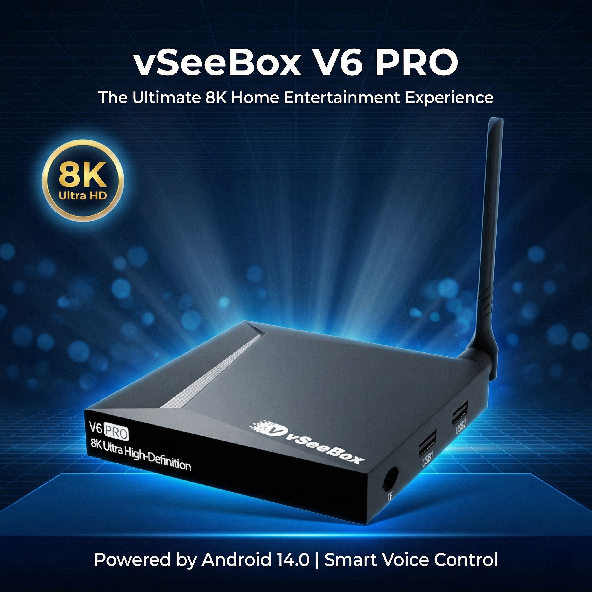 vSeeBox V6 Pro 8K streaming device with Android 14 and smart voice control