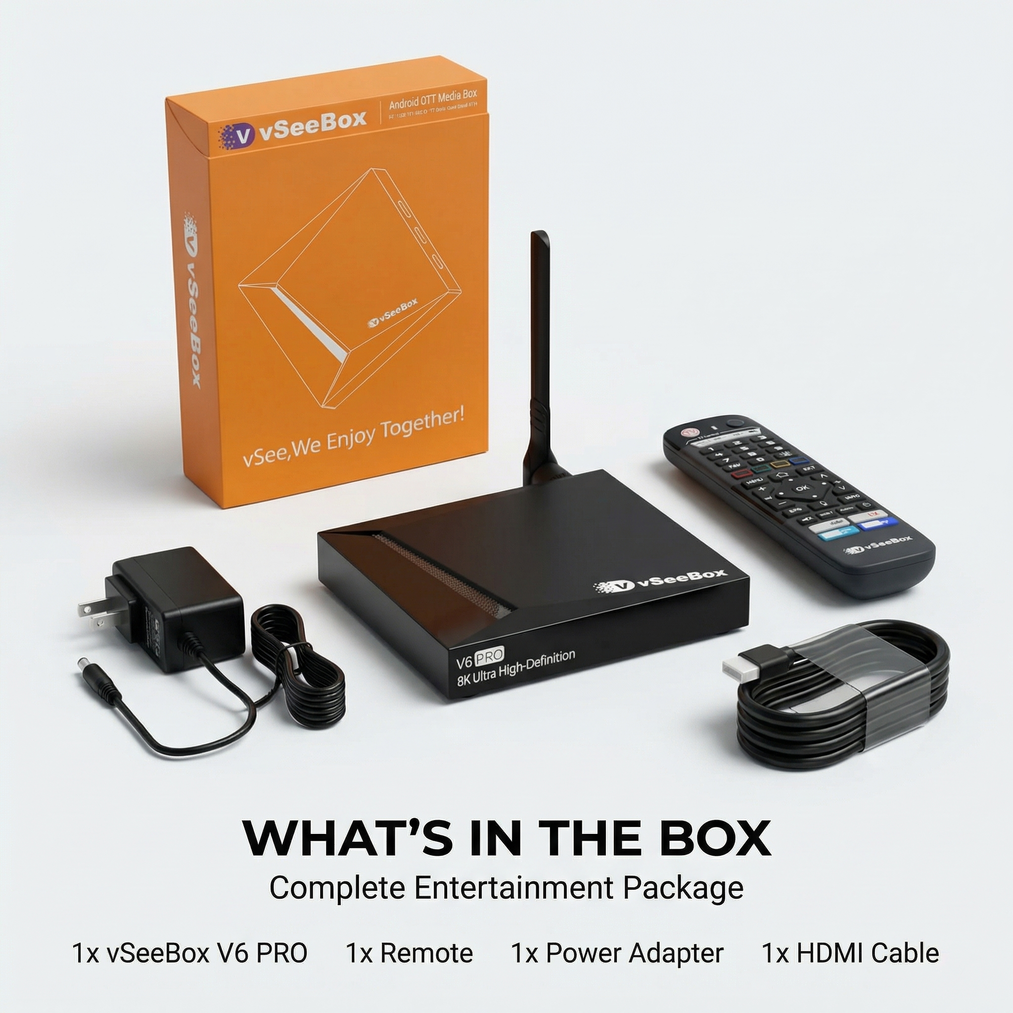 vSeeBox V6 Pro box contents including media box, remote, power adapter and HDMI cable