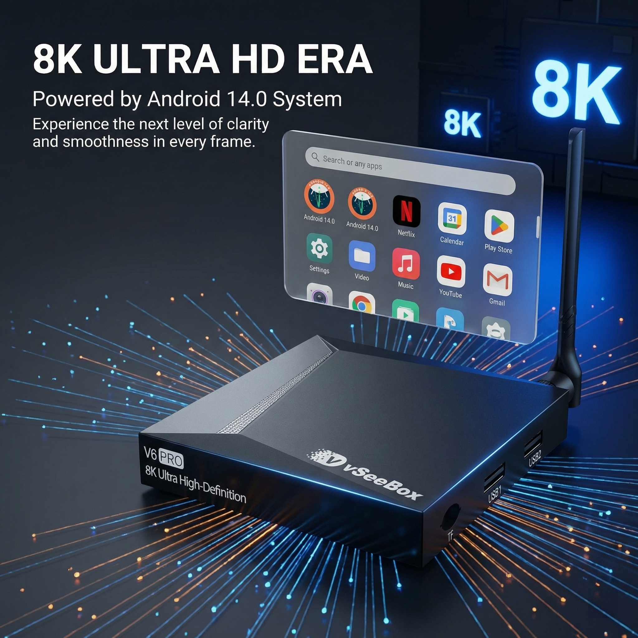 vSeeBox V6 Pro 8K Ultra HD streaming box with Android 14 interface and app display