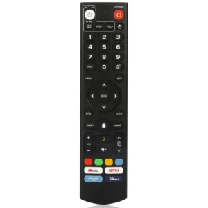 Front view of vSeeBox V5 Pro remote and V3 Pro voice remote control with shortcut buttons and navigation keys