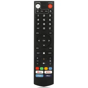 Front view of vSeeBox V5 Pro remote and V3 Pro voice remote control with shortcut buttons and navigation keys