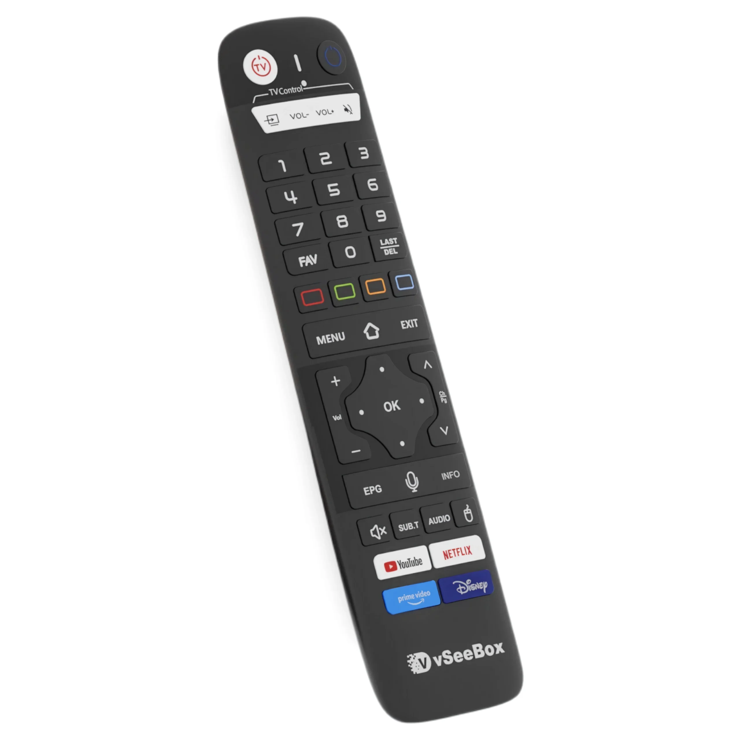 Angled front perspective of vSeeBox V6 Pro Remote replacement remote control