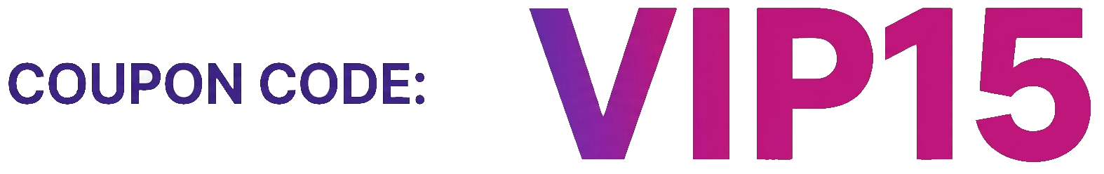 Coupon code VIP15 in purple and pink gradient text.