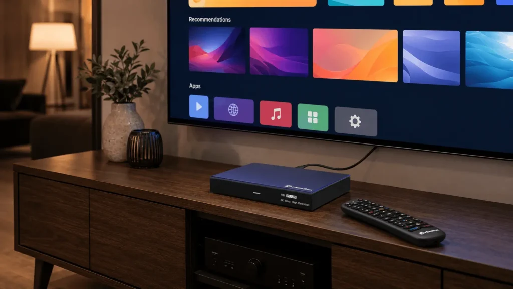 vSeeBox V6 Plus connected to a television with remote on a media console