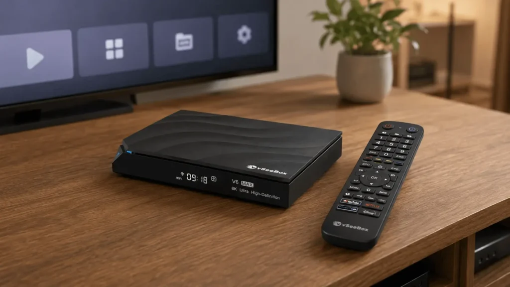 vSeeBox V6 Max streaming media device with remote on a wooden media console