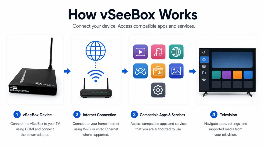 How vSeeBox works with device, internet connection, compatible apps and services, and television