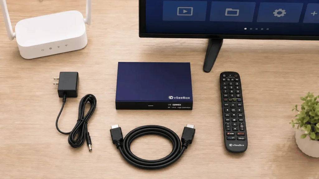 vSeeBox V6 Plus setup with remote, HDMI cable, power adapter, router, and television