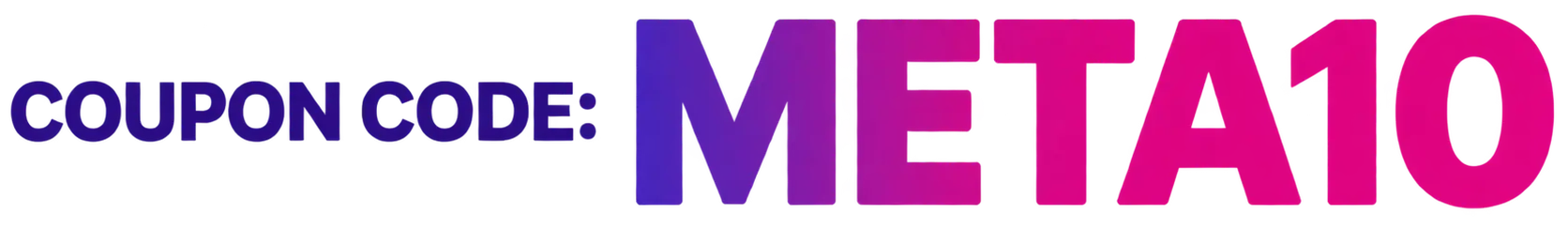 Coupon code META10 in purple and pink gradient text.