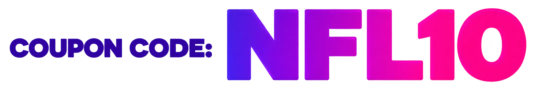 Coupon code NFL10 in purple and pink gradient text.