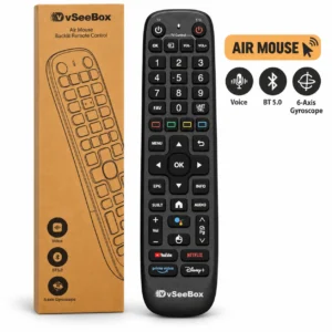 vSeeBox V6 Plus Air Mouse Remote with retail box, voice control, Bluetooth 5.0, and 6-axis gyroscope