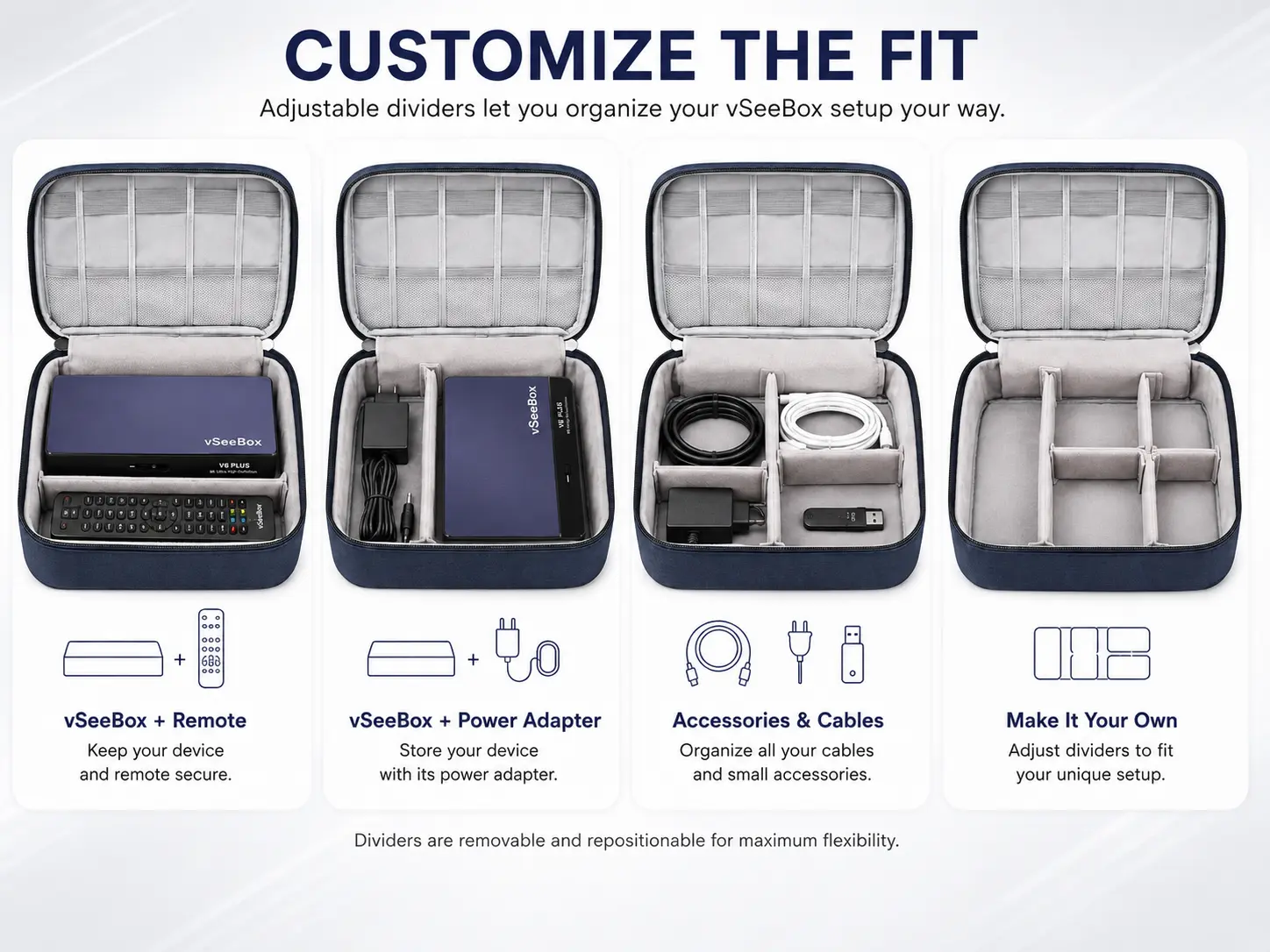 vSeeBox travel case with removable adjustable dividers shown in multiple layouts for organizing the device, remote, power adapter, cables, and accessories.