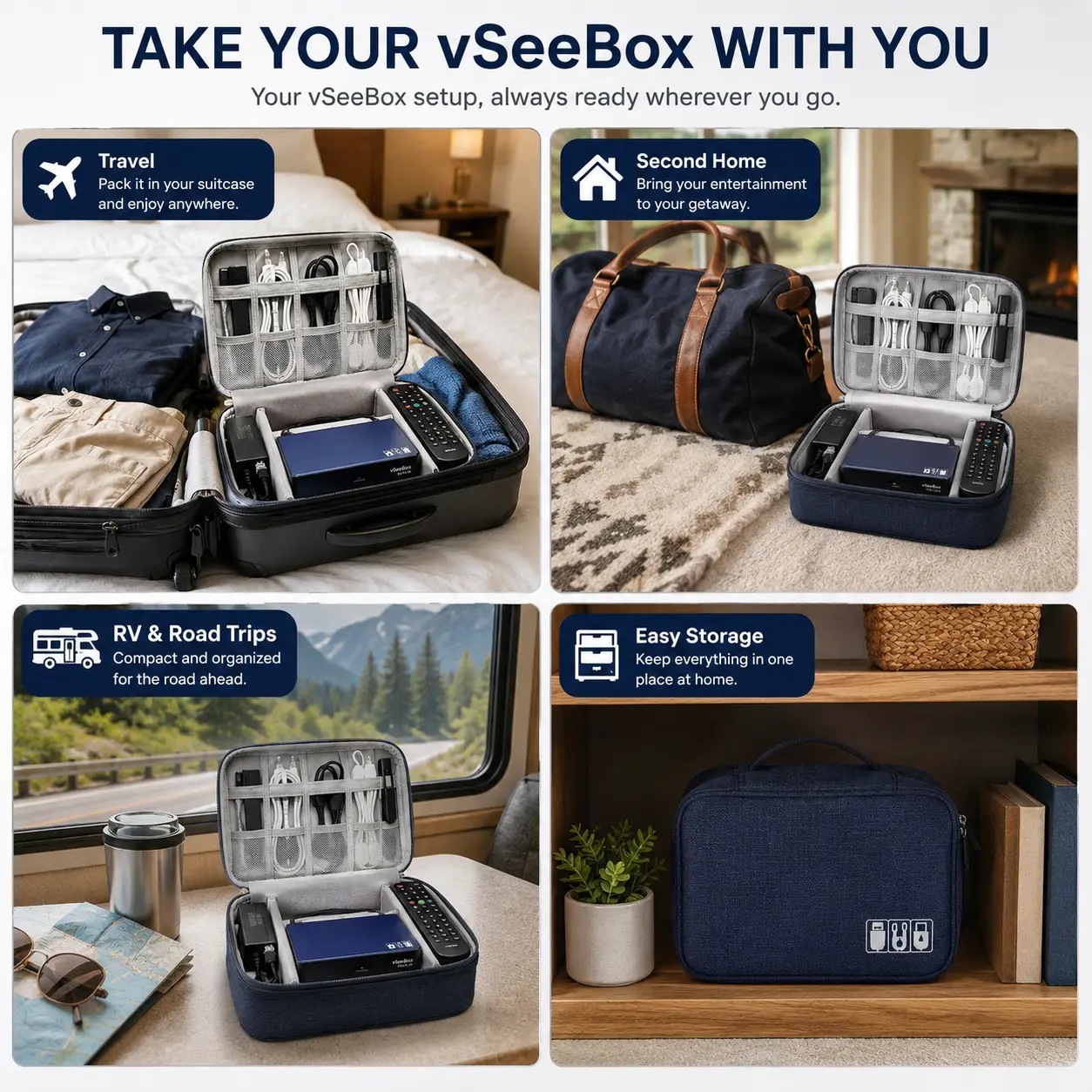 vSeeBox travel case shown for travel, second homes, RV road trips, and convenient home storage.