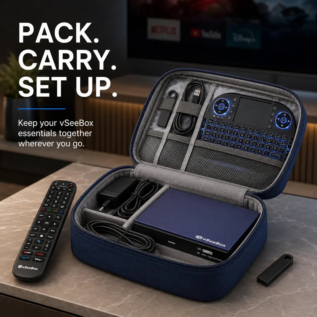 Open blue vSeeBox travel case on a media console with a vSeeBox, mini keyboard, cables, power adapter, remote, and USB drive ready for setup.